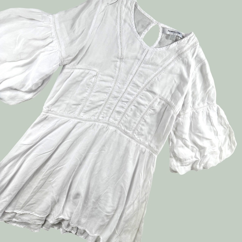 Pampelone Mini Dress Women S White Balloon Sleeve Rayon Boho Summer Resortwear